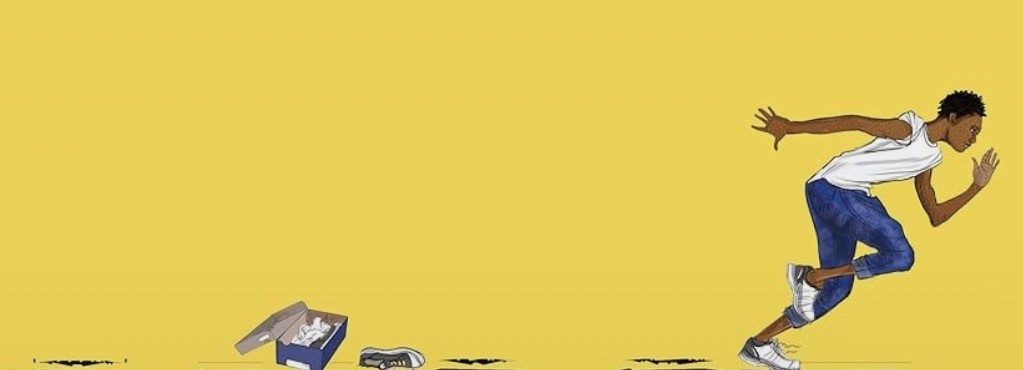 Illustration of boy running past a shoebox